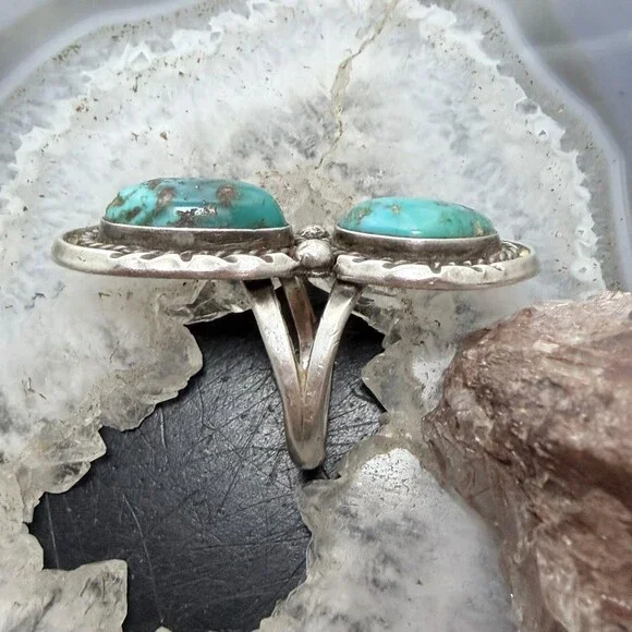Vintage Silver Native American 2 Turquoise Split Shank Ring Size 7 For Women - Picture 6 of 10